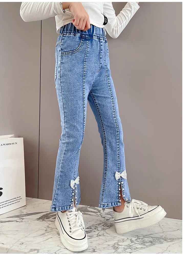 Elegante Kinder-Jeans mit Schlitz und Perlen für Mädchen, schmal geschnittene Denim-Hose mit Schleife, Kinderhose mit Schleife, Größe 5 6 7 8 9 10 11 12 13 14 – Detail 5