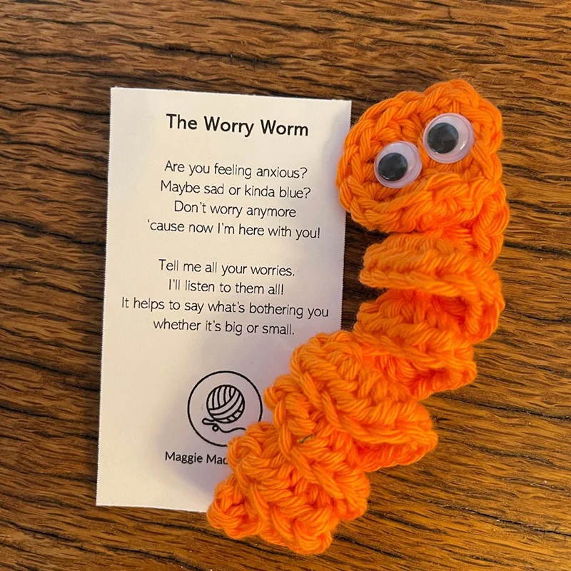 Handmade Emotional Support Worry Worm Gift, Crochet Worry Worm Inspirational Cares For You, Cute Knitted Gift