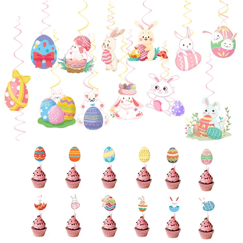 

Easter Decoration Theme Party Cake Flag Rabbit Egg Spiral Pendant Spiral Flag Props Happy Easter Party