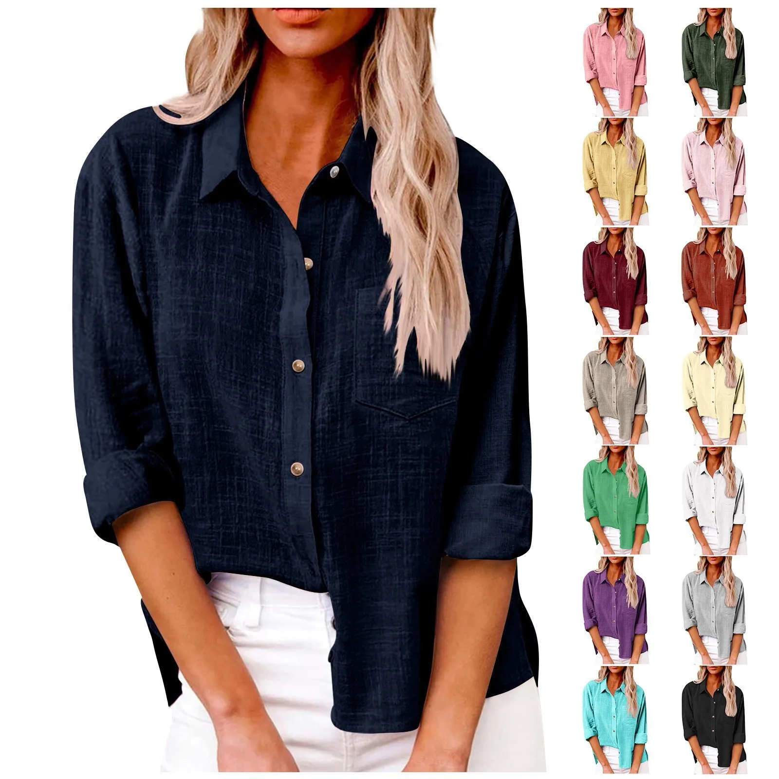 New Women\'s Print Shirt 2024 Spring Autumn Solid Color Long Sleeve Button Turn-down Collar Loose Shirt Casual Large Size Shirt