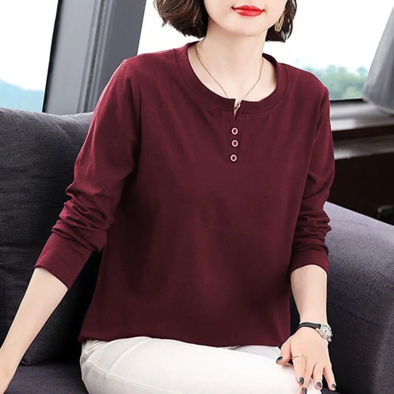 Mothers Casual Spring Autumn Long Sleeve T-shirt Pure Cotton Button Notch Collar Loose Women Basic Top