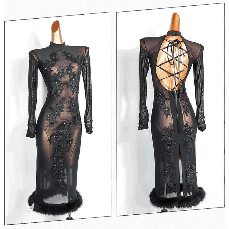 

Latin Dance Costume Women Dresses Black Rumba Standard Dancing Clothes Long Sleeve Ballroom Dress Female Latin Dancewear VDL1275