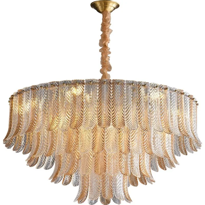 

All copper living room chandelier French light luxury art feather glass villa duplex building high sense
