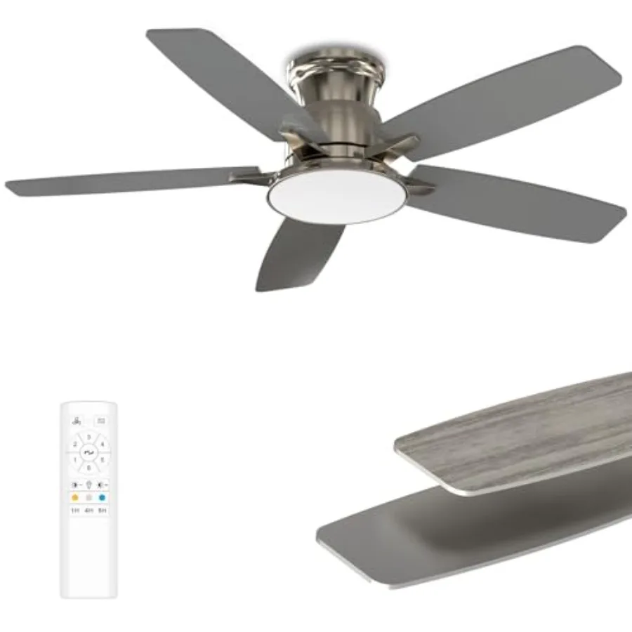 

Indoor/Outdoor flush mount ceiling fan with light, 42 inch, brushed nickel, 3CCT dimmable LED, 6-speed silent reversible DC mot