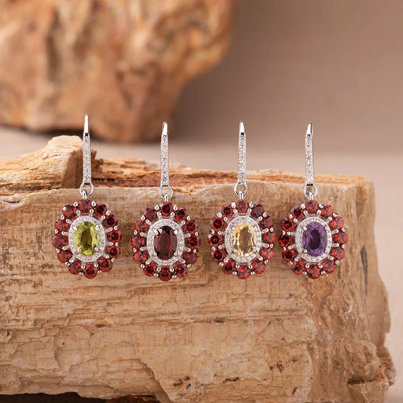 

Natural Colorful Gemstone Jewelry Aquamarine Topaz Amethyst Citrine Stud Earringss925Silver Light Luxury High-End Feel