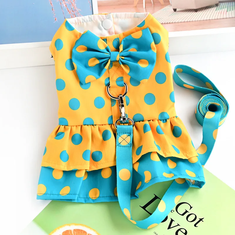 Summer Girl Puppy Clothes with Blue Yellow Polka Dots Small Dog Harness Dress and Leash Set Luxury Bowknot Chihuahua Dog Dress