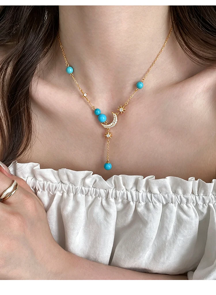 Goldfarbene Y-förmige Stern-Mond-Anhänger-Halskette für Damen mit Perlen, Zirkonia, Halbmond-Choker, elegante, zarte, verstellbare Kette, Schmuckgeschenk – Detail 9
