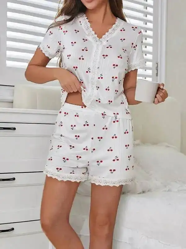 Pure Desire Style Women's Pajamas Autumn Summer Sexy V-neck Lace Cherry Print T-shirt Slim Fit Short Sleeve Shorts Sets G4J7