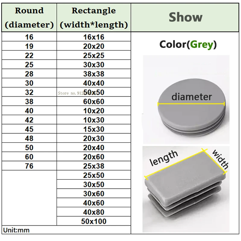 Tapón de tubo de plástico gris redondo/cuadrado, cubierta de sellado para base de silla, tapa decorativa de 16MM ~ 100MM