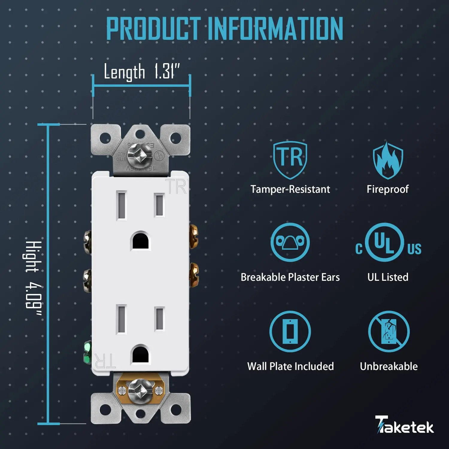 Wall Outlet,Decorator Receptacle Outlet with Wall Plate, Tamper-Resistant Electrical Outlet, Residential GradeSelf-Grounding