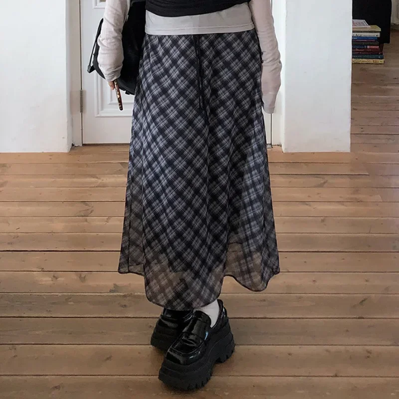 

Harajuku сетка контрастного цвета с рюшами длинная юбка женская корейская мода двухслойная шифоновая одежда трапециевидной формы винтажный шик