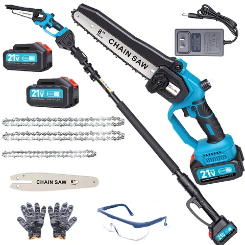 2-in-1 Cordless Pole Saw and Mini Chainsaw: 6-inch and 8-inch electric pruning saws with extension pole for trimming branches