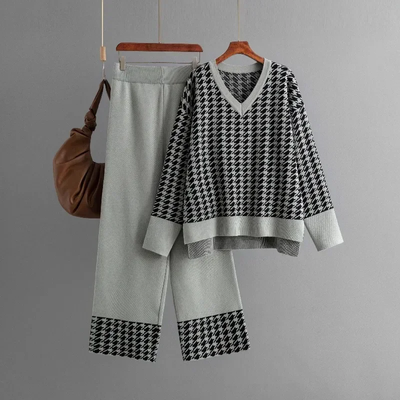 Autumn Fashion Houndstooth V-neck Sweater Suit Winter New Casual V-neck Pullovers Knitted Wide Leg Pants Women Two-piece Sets