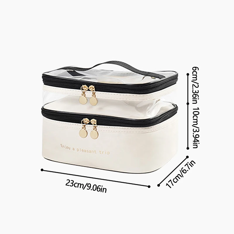 Bolsa de cosméticos pu de camada dupla, portátil, de viagem, grande capacidade, organizador, bolsa de armazenamento, zíper, bolsas de higiene pessoal