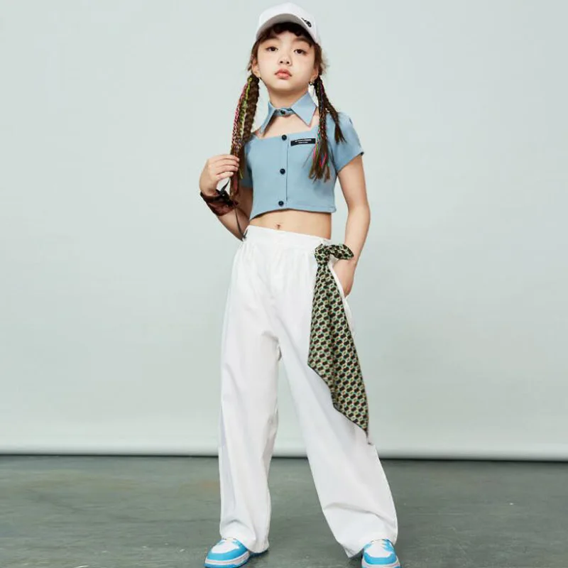 Girls Hip Hop Crop Top Solid Shorts Teen Street Dance White Cargo Pants Children Streetwear Kids Jazz Performance Clothes Set