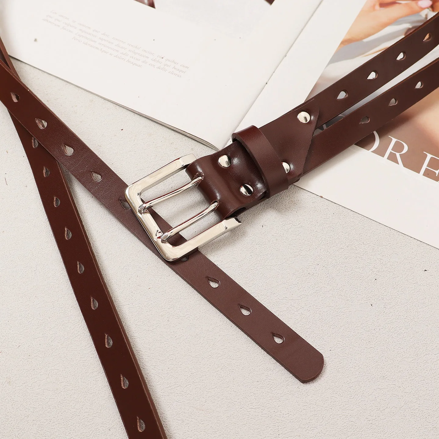 OL Style Retro Neutral Split Belt Women's Brown Double Row Deduction Style Belts Men's Multi Style Double-layer Belts