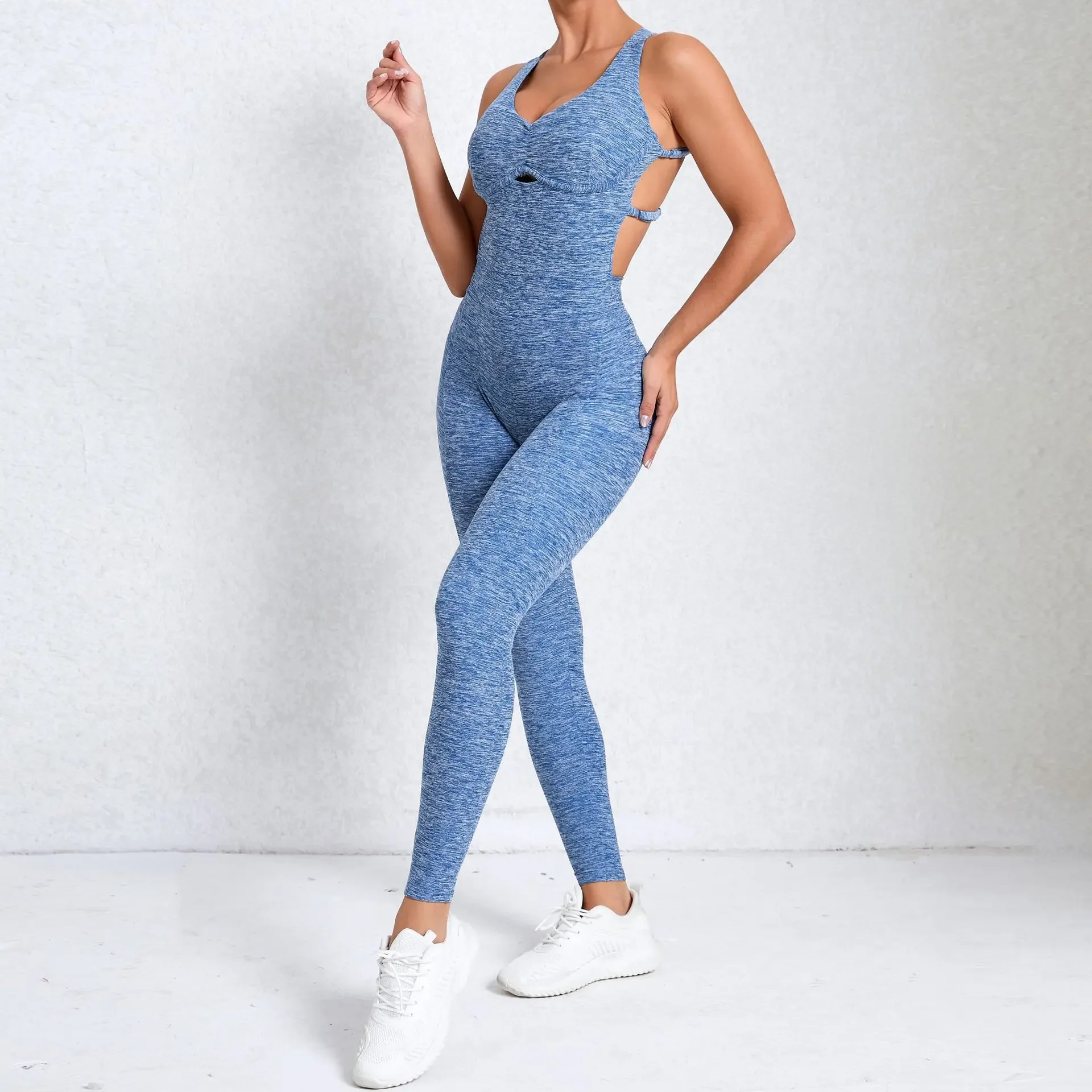 Macacão de ioga feminino sem mangas, bodycon sólido, oco, sem costas, macacão sexy, esportivo, geral, roupas de ginástica, azul, moda