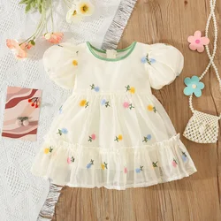 Baby Girl Dress Summer Princess Dress for Kids Flower Embroidered Puff Sleeved Dress for Baby