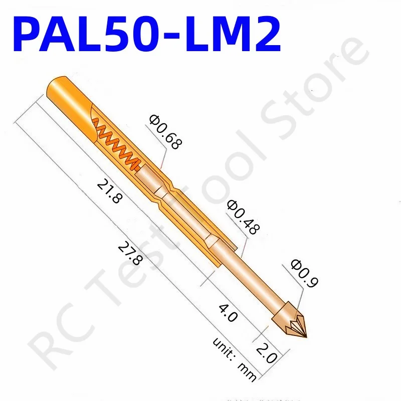 

100PCS PAL50-LM2 Spring Test Probe PAL50-LM Test Pin Tool 27.8mm Dia0.68mm Gold Needle Tip Dia 0.90mm Pogo Pin PL50-LM PL50-LM2