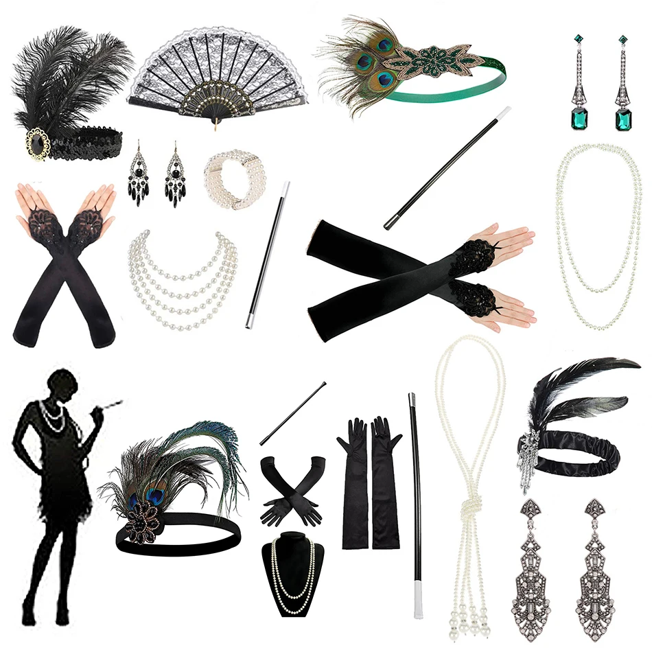 

Women 1920s Flapper Girl Retro Gatsby Party Accessories Ladies Headwear Dress Up Adult Feather Headband Necklace Earrings Set