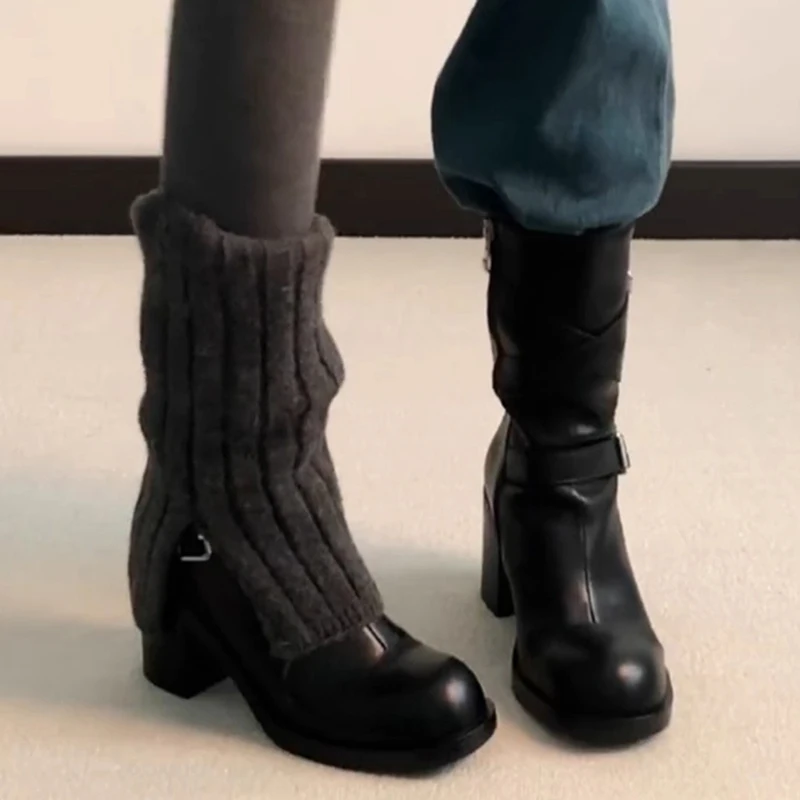 Designer High Heels Women's Boots Elegant Leather Shoes Woman 2025 Winter Warm Fur Snow Boots Chunky Shoes Buckle Ankle Botas