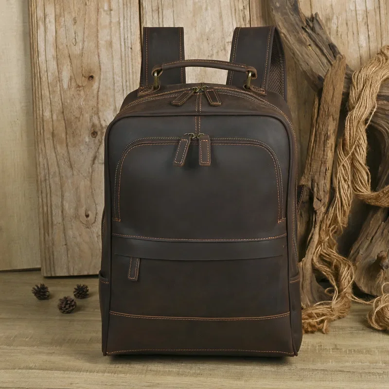 Crazy Horse Leather Backpack Men Casual Travel Bag School Bag