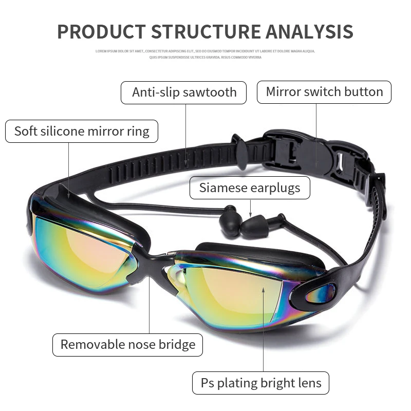 3 Pcs ว่ายน้ำแว่นตาอุดหูแว่นตากันน้ำ Electroplate Anti-UV ดึงหัวเข็มขัดผู้ใหญ่ว่ายน้ำแว่นตา