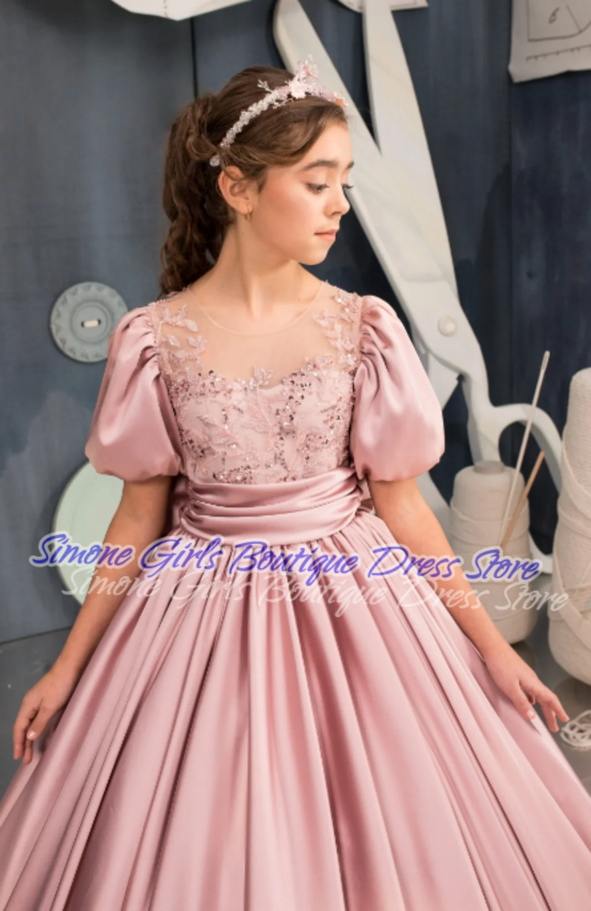 Princess Dress Contrast Lace Lace Up Sequin Lantern Sleeve Flower Girls Dresses for Birthday Parties Formal Receptions