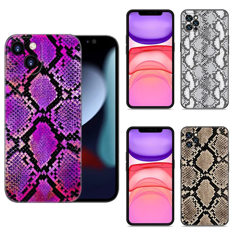 Sexy Python Snake Skin Phone Case For Apple iPhone 12 13 Mini 11 14 15 Pro Max 7 8 Plus X XR XS SE 2020 2022 Black Silicone Case