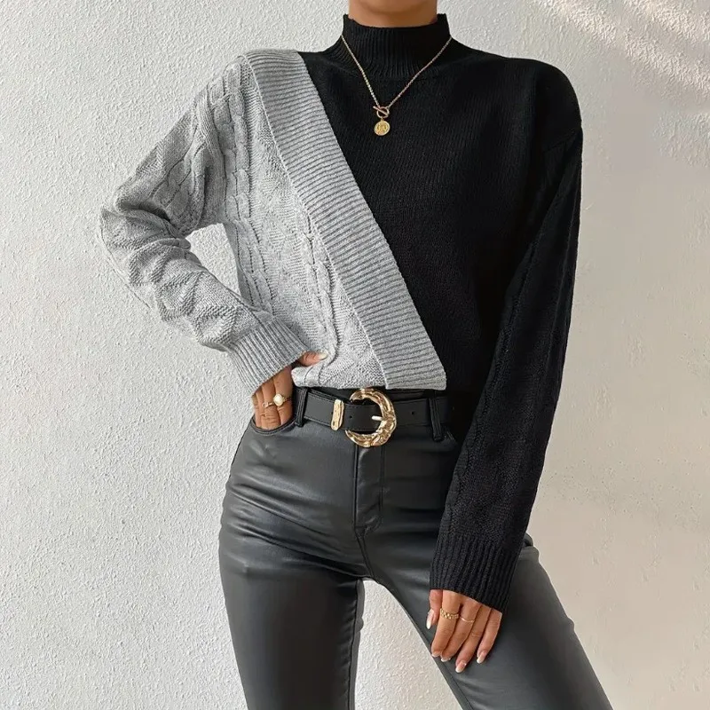 Knit Sweaters O-Neck Colorblock Knitted Sweater Women Fashion Long Sleeve Top Casual Outwear Irregular Patchwork Pullovers