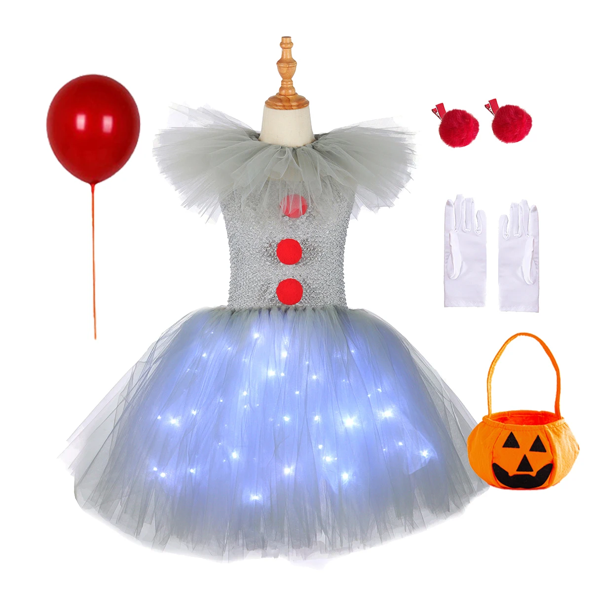 Halloween Gray Joker Girls  LED Light Up Costume Tutu Dress Creepy Clown Kids Carnival Party Cosplay Clothes Toddler Tulle Dress