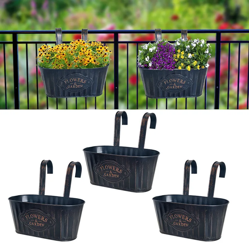 

Retro Hanging Bucket Flowerpot Double Hook Gardening Pots Hanging Bucket Planters Iron Rail Flower Pot Garden Decoration