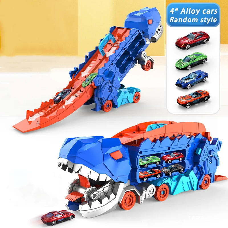 Transport Dinosaur Truck Toys Foldable Track Alloy Transforming Dinosaur Carrier Ejection Cars Toy Puzzle Gift for Kids Toddle