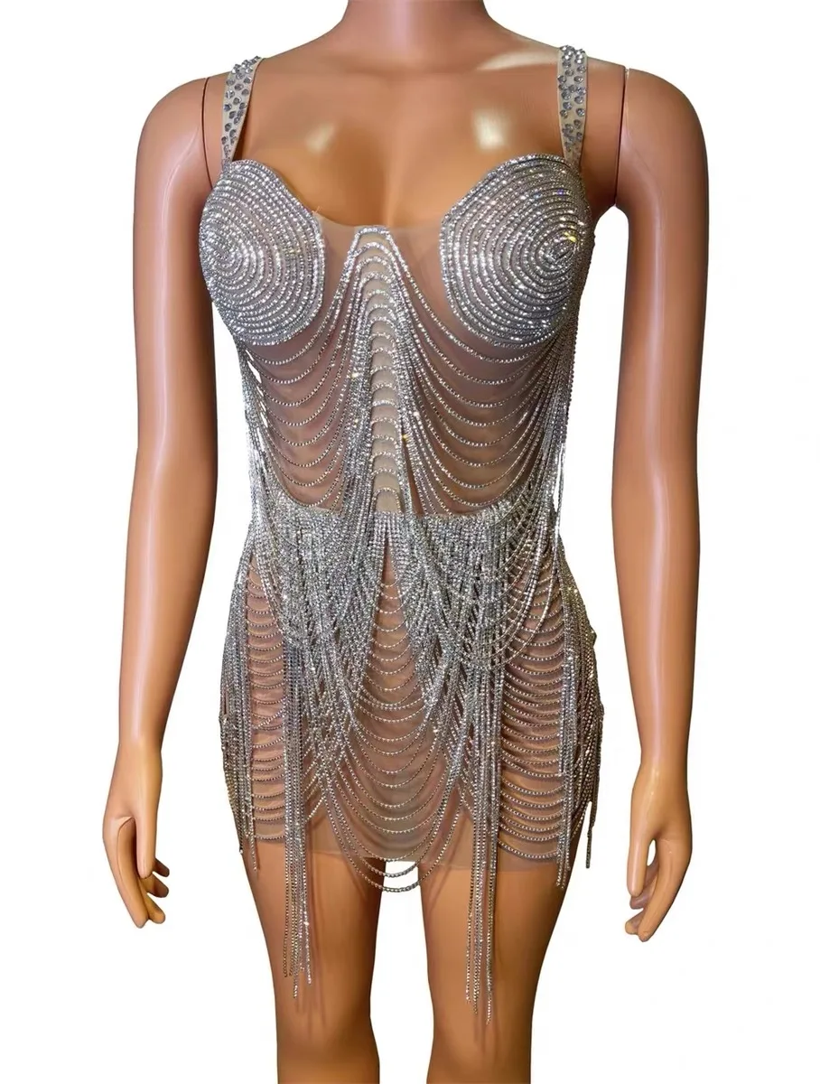 Modell Auto Tanz Diamant Mesh Quaste Stretch Rock Kleid Bühne Performance Kostüm Sängerin