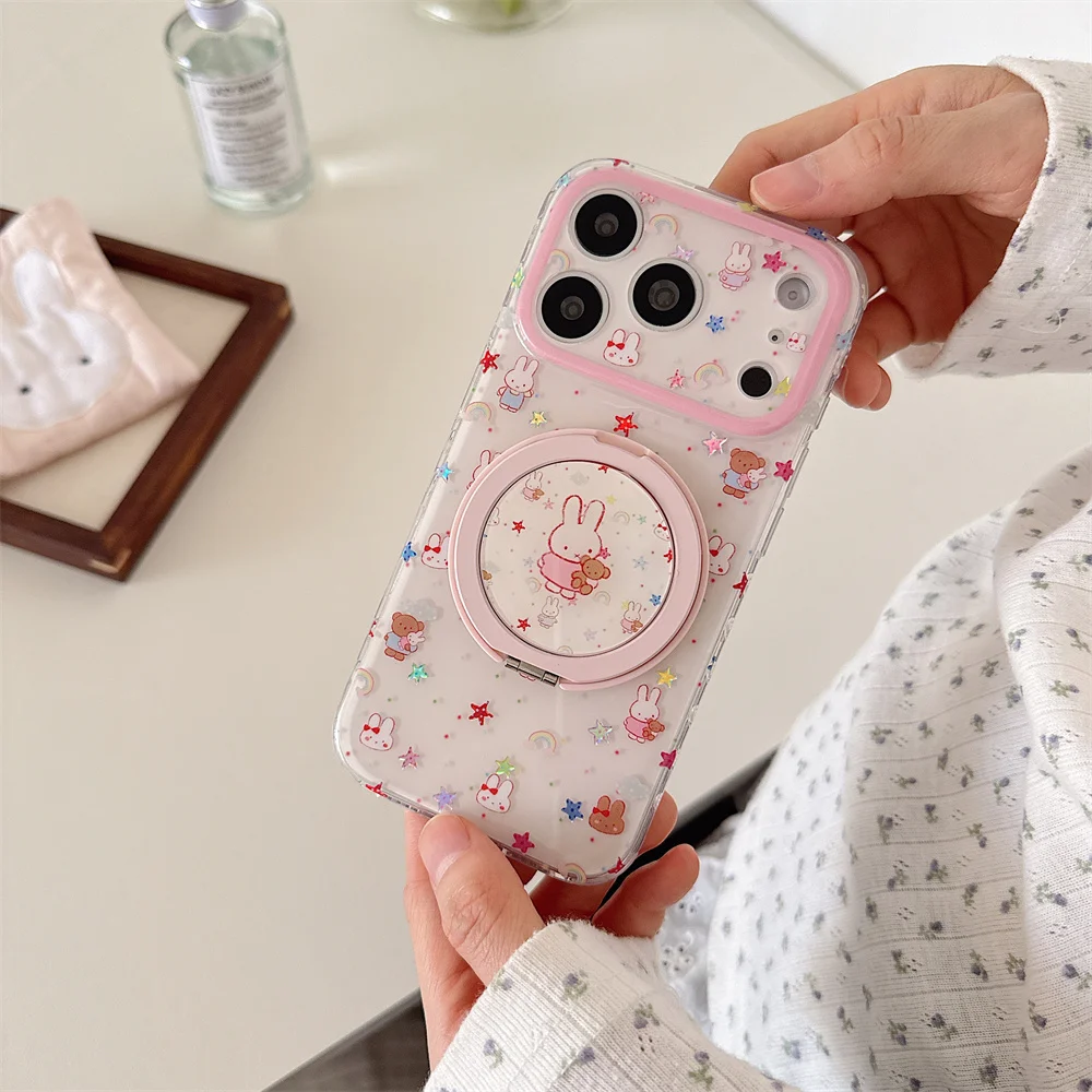 

Cute Rainbow Miffy Rabbit Phone Case for iPhone 17 Pro 13 14 15 Max 16 Pro Max Funda with 360° Rotate Holder Stand Cartoon Case
