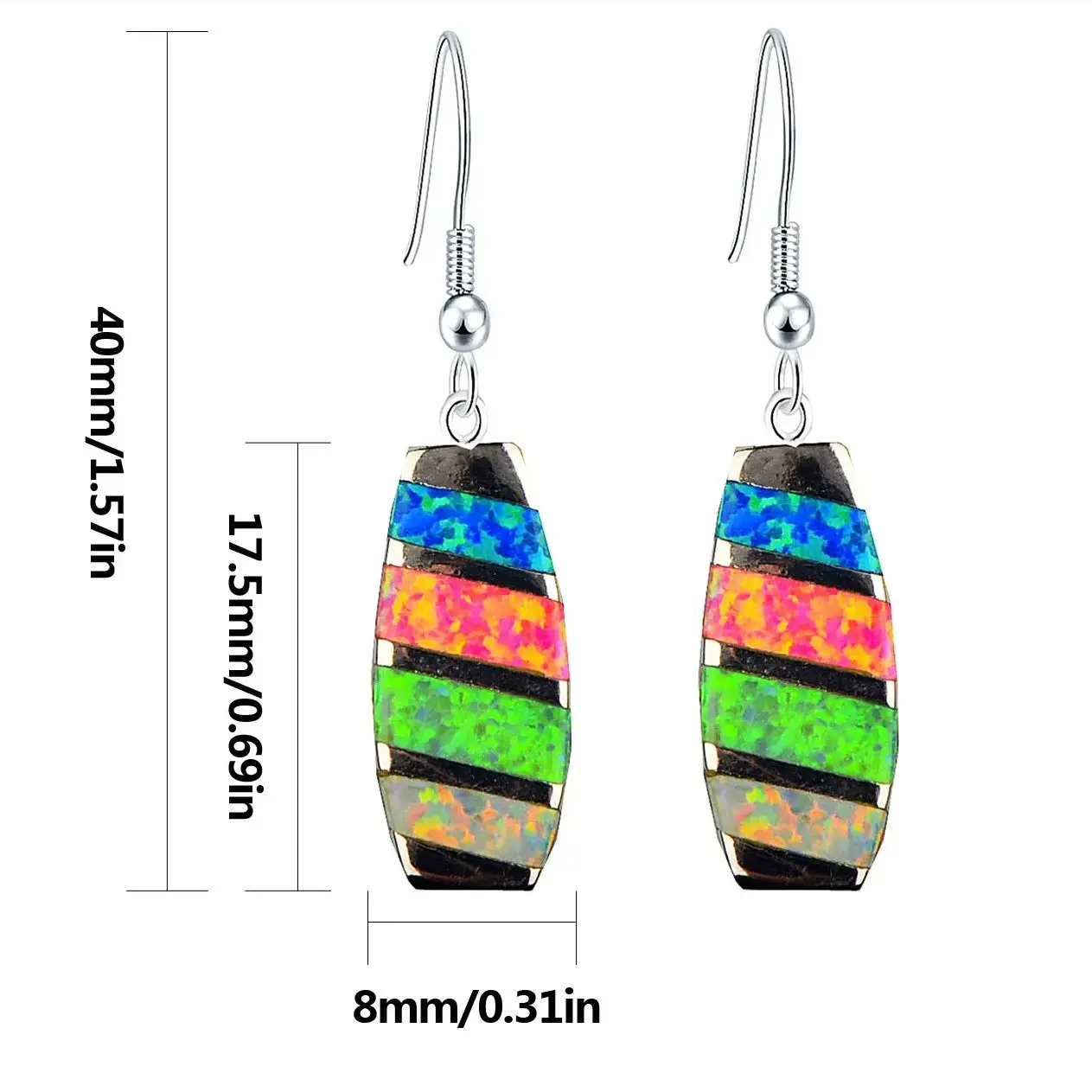Multicolor Opal Slice Inlay Bar Earrings,Hypoallergenic Silver Diagonal Pattern Jewelry,Bohemian Statement Earrings for Women