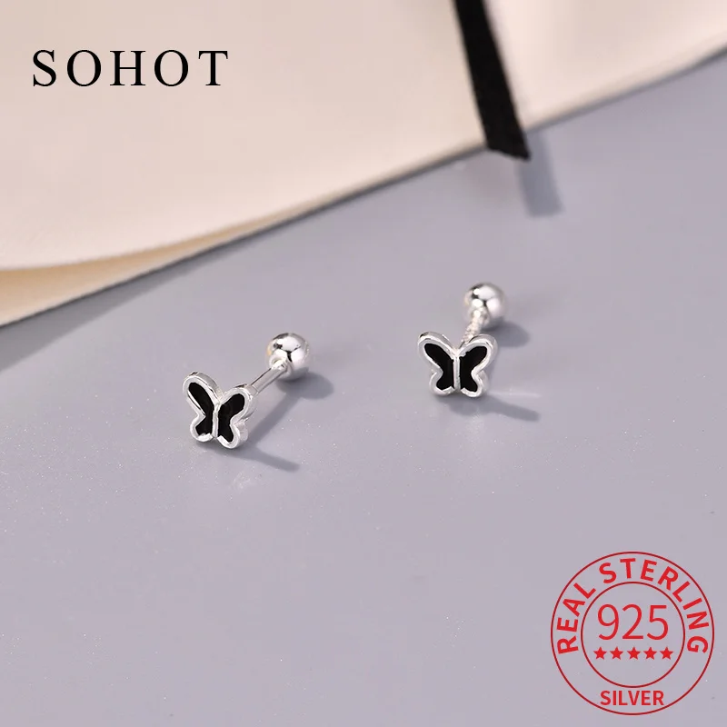 Real 925 Sterling Silver Tiny Enamel Butterfly Stud Earrings for Fashion Women Fine Jewelry Luxurious Piercing Accessory