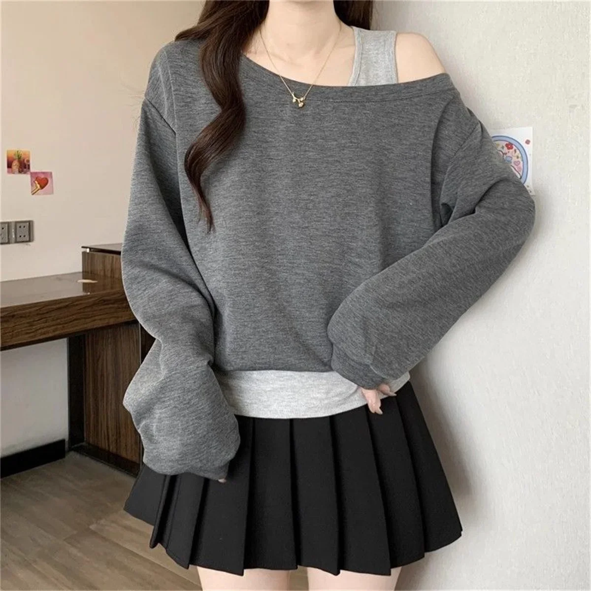 Neuer koreanischer Stil, langärmeliges, schulterfreies Charme-Sweatshirt für Damen, Übergröße, einzigartiges Design, vielseitiges Herbstmode-Oberteil – Detail 13