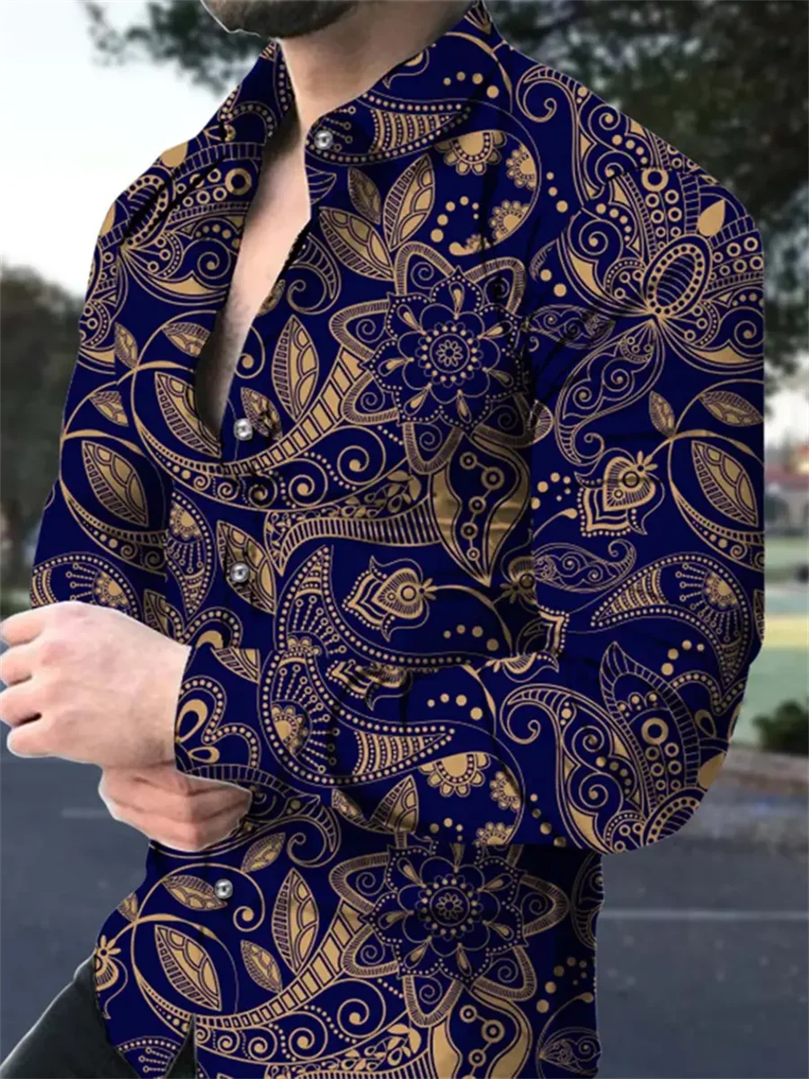 

Men's Retro Floral Print Long Sleeve Shirt Casual Commuter Lapel Clothing Handsome Fashion Comfortable Men's Tops