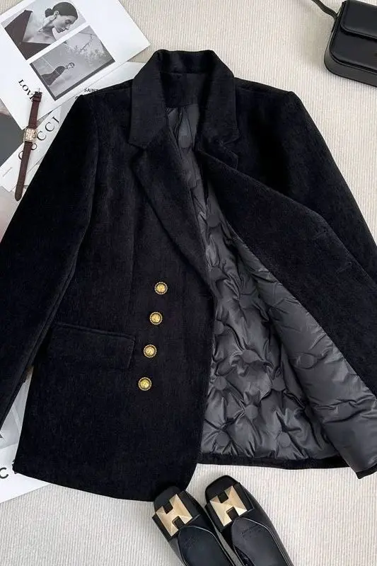 

Suit Down Jacket for Women Autumn Winter Thickened Liner White Duck Down High-end Stylish Coat Black Blazers Women Clothing