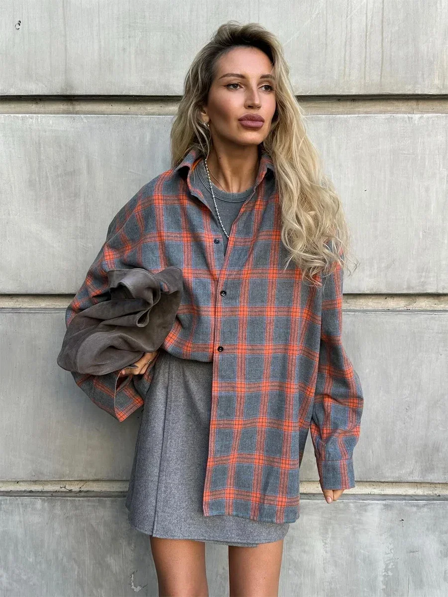 Wolfeel Vintage Loose Plaid Women\'S Shirt Fashion Lapel Long Sleeve Office Lady Shirts and Blouses Tops Female Clothing New