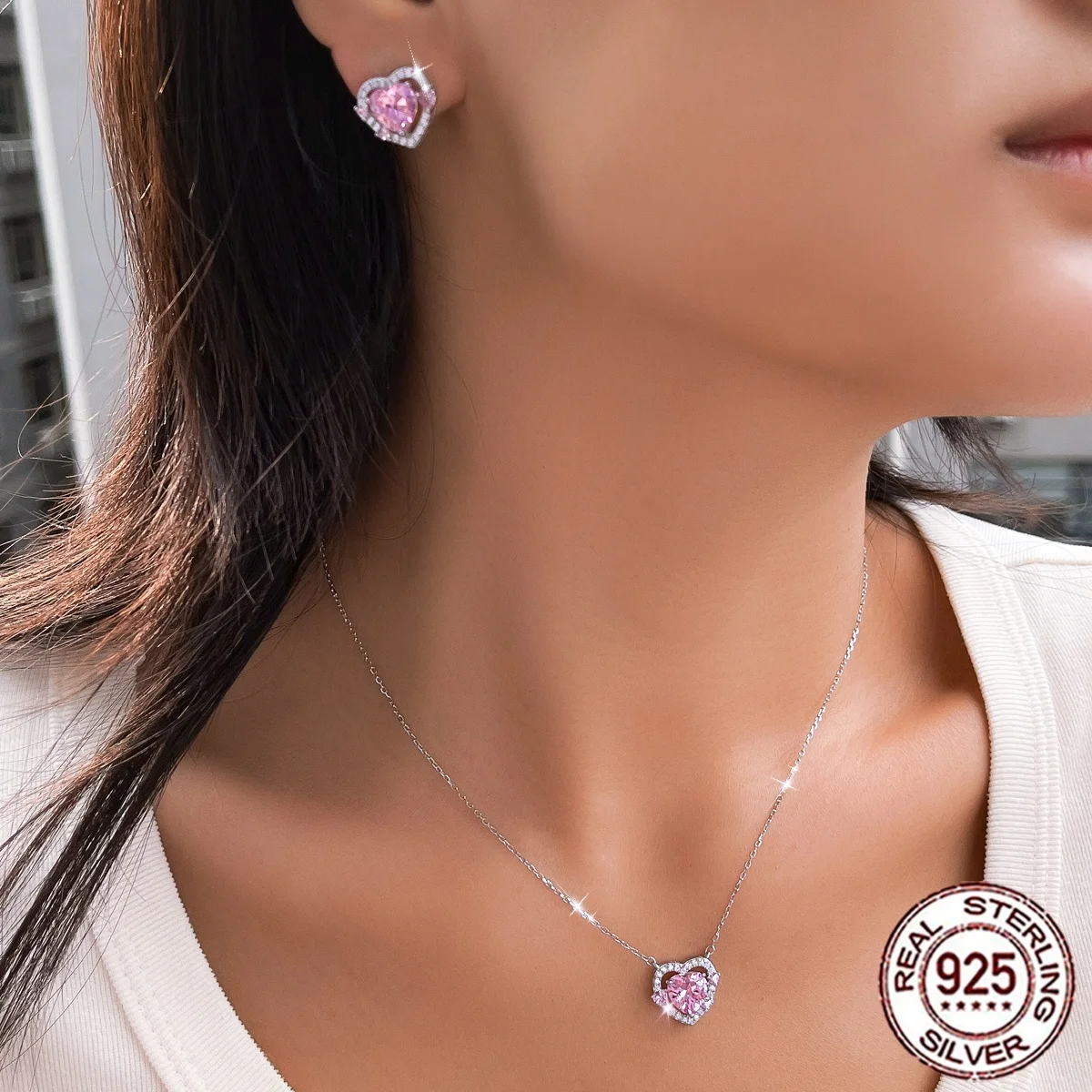 QooLady Love‑Heart Pink CZ 925 Sterling Silver Sparkling Necklace Earrings Jewelry Set Romantic Anniversary Gift For Her ST067