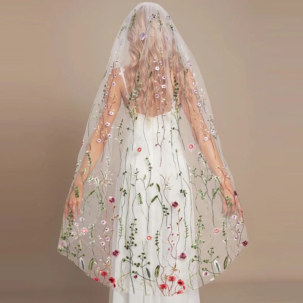 

Boho 3D Flower Embroidery Wedding Veil with Cut Edge for Wedding Dress Wedding Women's Accessories Veil for the Bride 웨딩 소품