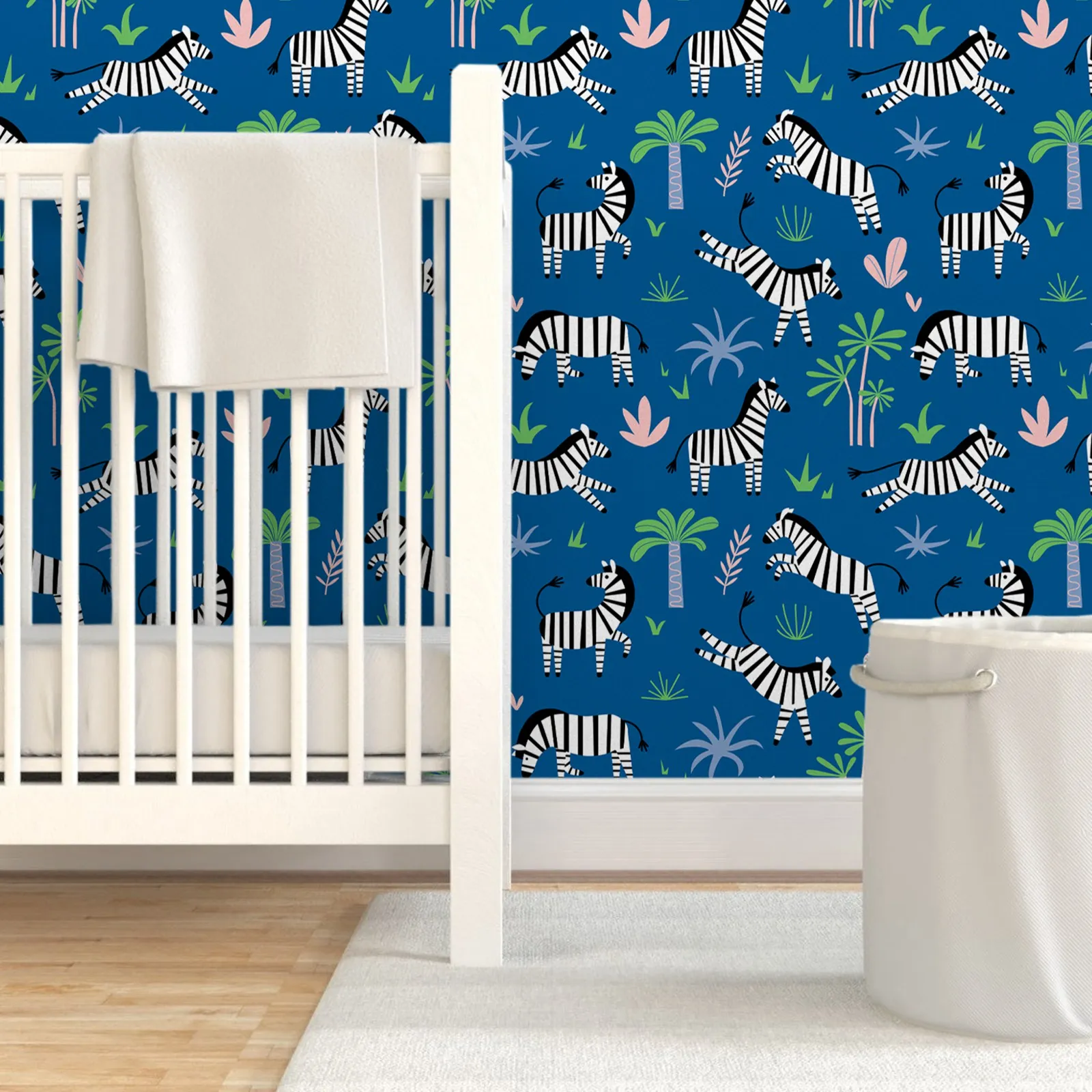 Papel de pared de cebras de dibujos animados divertidos, papel de pared de fondo azul para pelar y pegar para decoración del hogar de dormitorio de habitación de bebé de niños, 50cm * 300cm