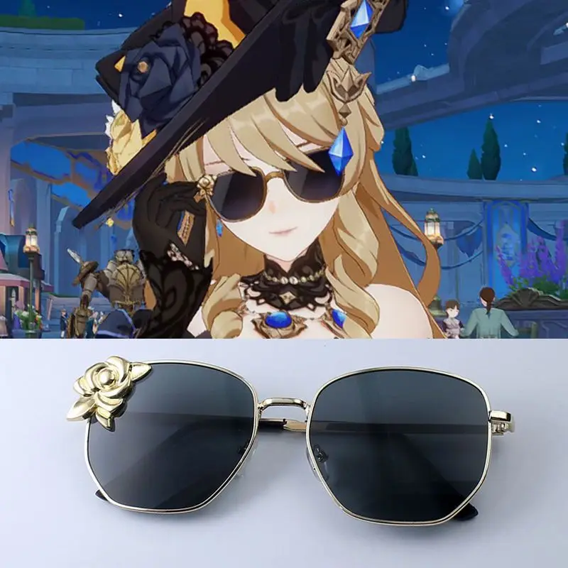 Game Genshin Impact Cosplay Accessory Metal Rose Flower Gold Frame Sunglasses Free Glasses Box Cosplay Props