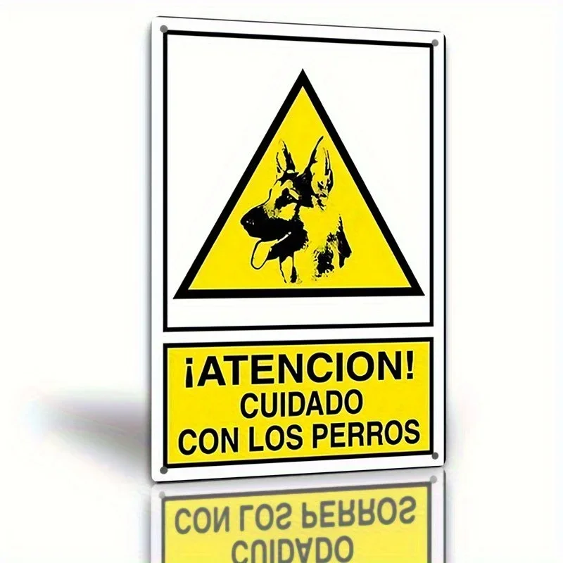 Metal Cuidado con el letrero de advertencia para perros - Placa de precaución española con borde amarillo y negro - Decoració