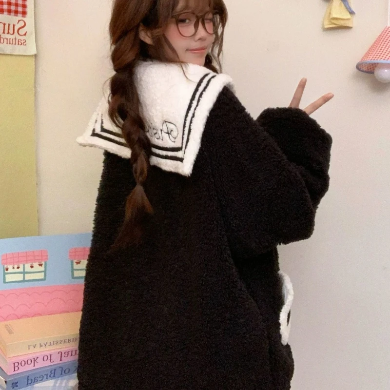 Japanische Nette Thicked Lamm Fleece Mantel Frauen Süße Sailor Kragen Katze Stickerei Plüsch Jacken 2025, Ropa Mujer Warme Lose Outwear