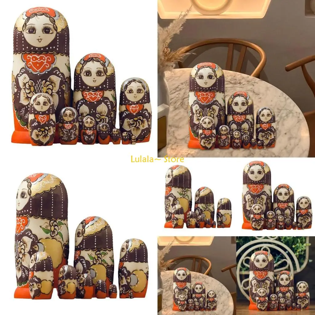 Y4QA Collectible Russian Nesting Dolls 10pcs Matryoshka Babushka Set Handpaint Stacking Doll Folk Arts Festival Ornament