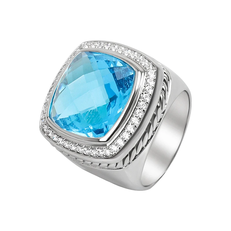 

15mm Cushion Cut Blue CZ Statement Ring for Women Luxury White Gold Plated Brass 8mm Wide Ring Jewelry for Party Banquet Gifts