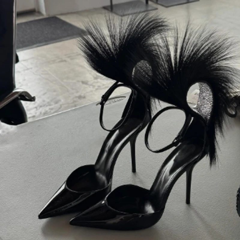 

Furry Feather Black Patent Leather Pointed Toe Stiletto Ankle Strap Sandals Woman Summer 2026 Sexy Hollow Out High Heels Pumps
